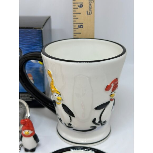 VTG Pfaltzgraff 2007 Penguin Skate Covered Mug 3.25" Infuser Coffee Tea Cup NOS - Picture 9 of 10